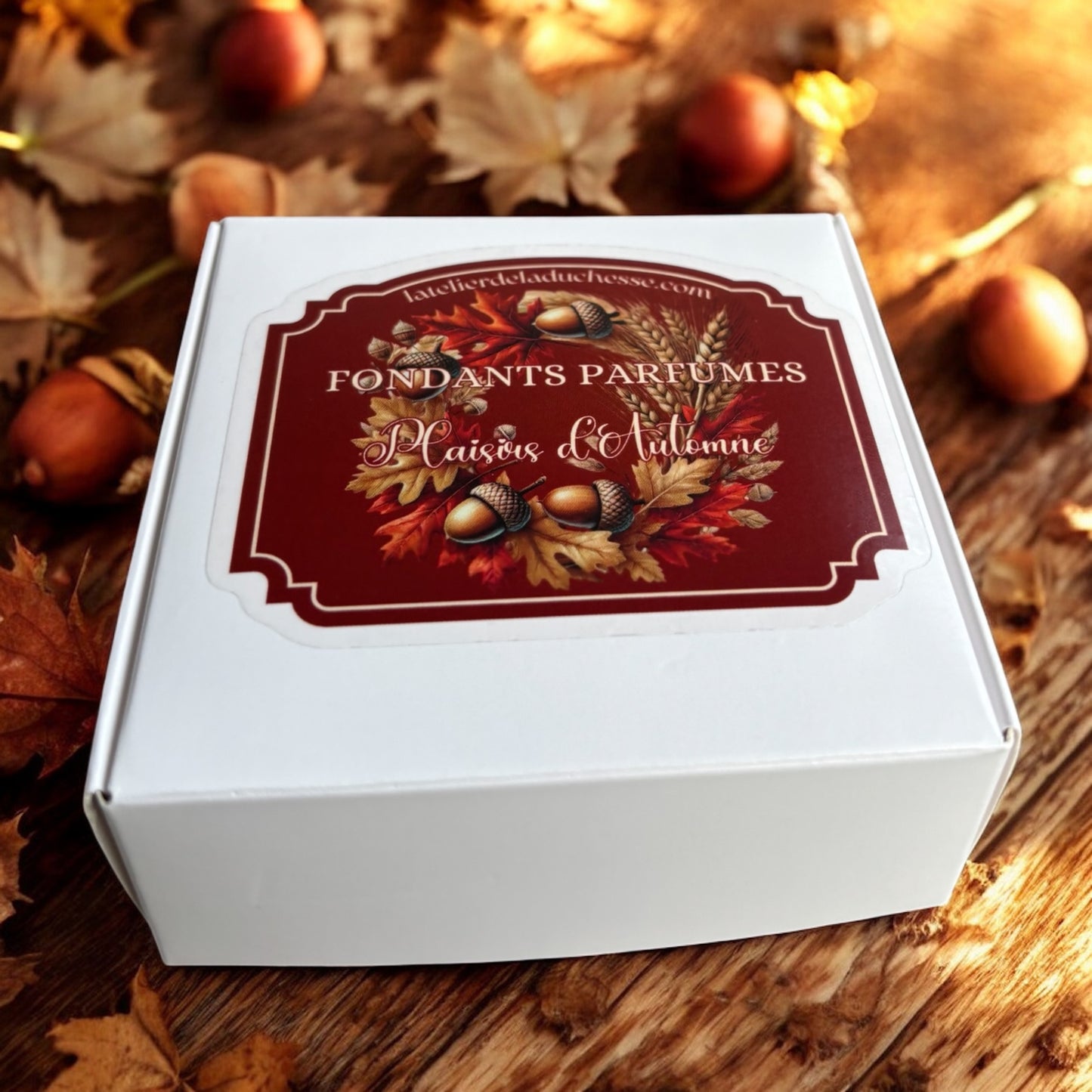 Boîte fondants Les Plaisirs d’Automne, contenant des fondants parfumés en forme de citrouilles.