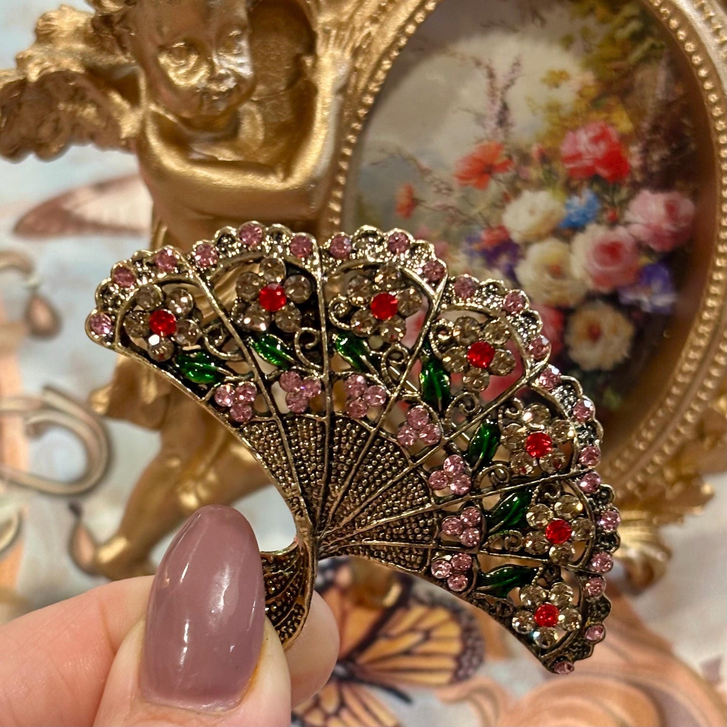 Broche éventail, broche en strass de style vintage, bijoux fantaisie, objet de collection, bijoux cadeaux, Bridgerton.