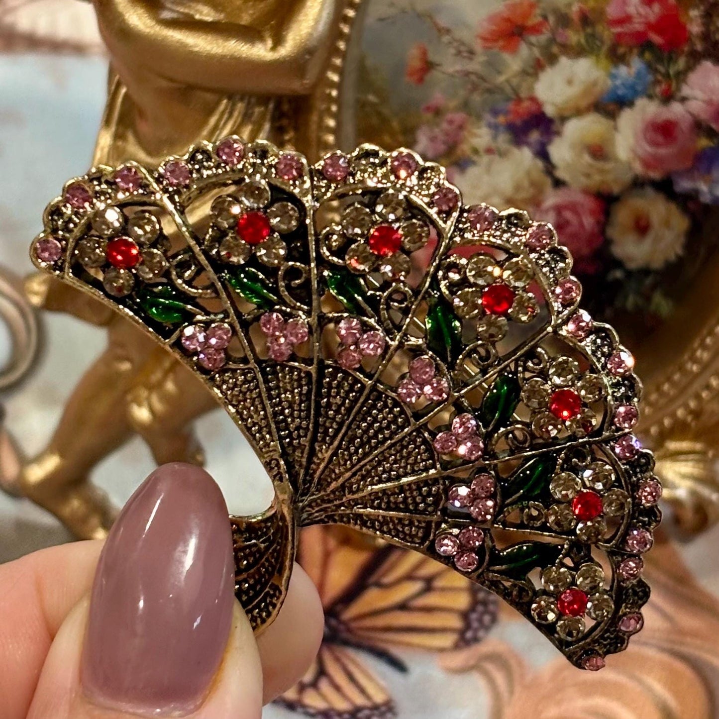 Broche éventail, broche en strass de style vintage, bijoux fantaisie, objet de collection, bijoux cadeaux, Bridgerton.