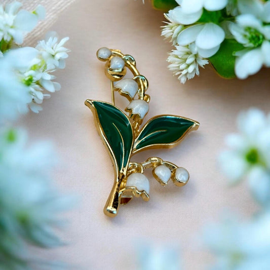 Broche branche dorée – Feuilles vertes & fleurs blanches – Bijou botanique chic